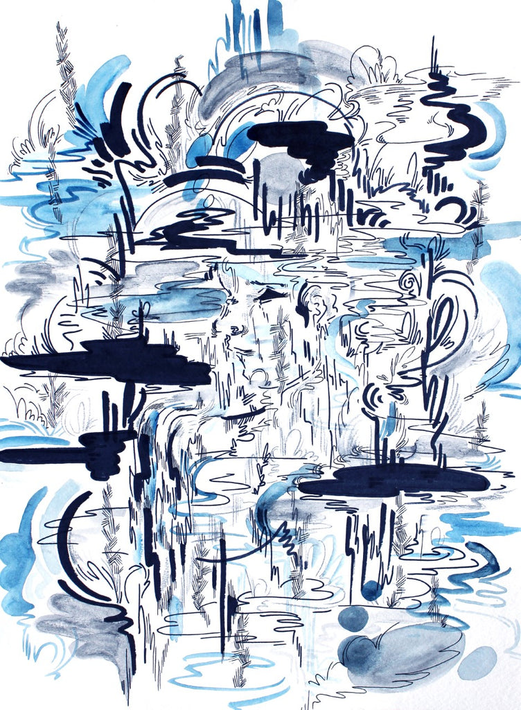 A blue print featuring lines and watercolor resembling bodies of water.