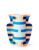A paper flower vase with an abstract pattern in blue and peach.