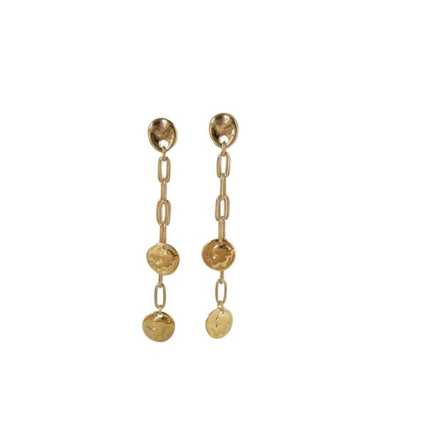 Long golden earrings with chains and little coins.