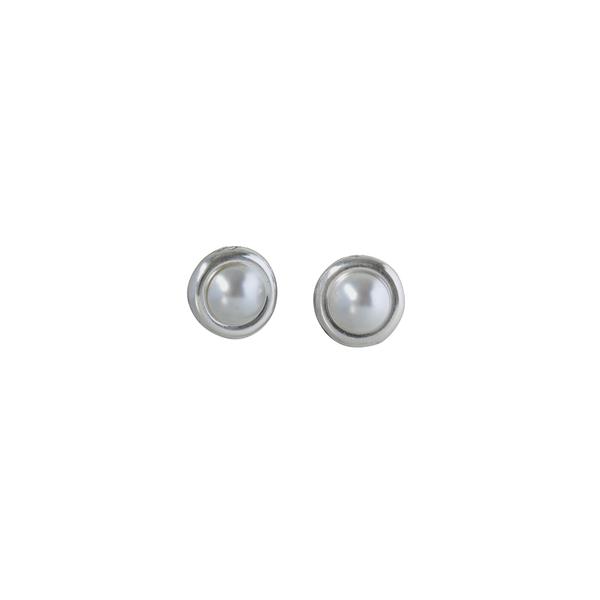 A pair of silver earrings with a pearl.