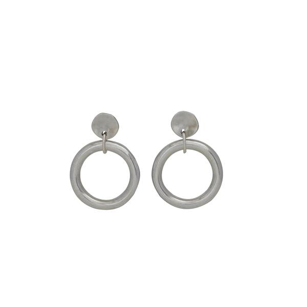 A pair of circle stud hoop earrings before a white background.