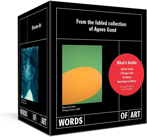A black box with colorful images of abstract art and the title "Clarkson Potter Words of Art: A Game That Illuminates Your Mind: Card Games."