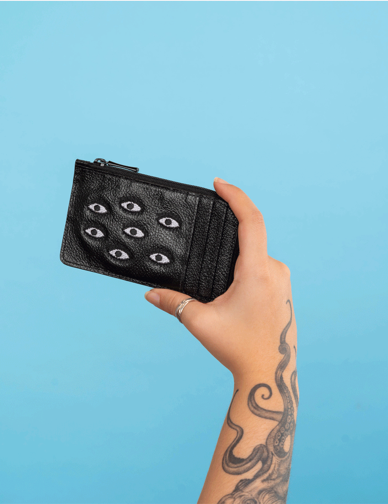 Leather Zip-around Cardholder | All Over Eyes Embroidery, Fausto Black
