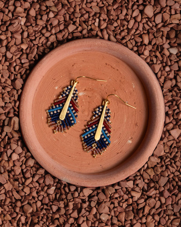 Earrings | Beaded Handwoven Gilded Feather (Blue/Brown)