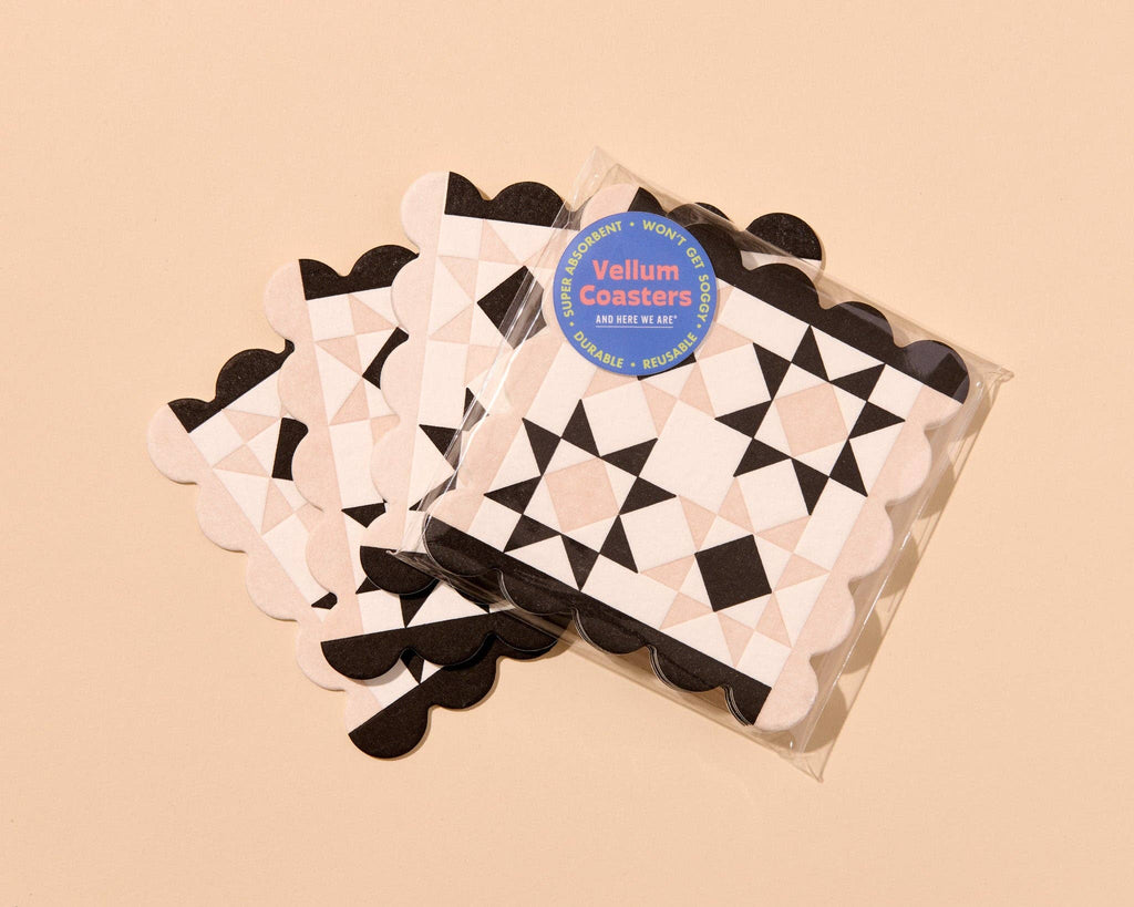 Letterpress Reusable Vellum Coasters—Mod Quilt: Black/Taupe