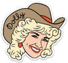 A sticker of a woman's head. The woman has a light skin tone, blonde hair, and is wearing a cowboy hat. On her hat, it says "Dolly."