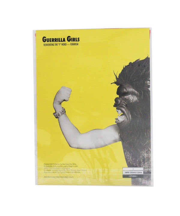 A yellow paper with a black and white photograph of a person holding up their arm and fist wearing a gorilla hat. The title reads "Guerilla Girls."