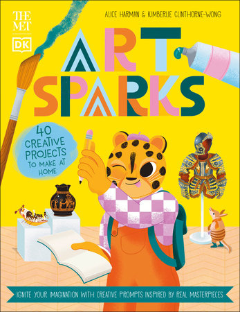 Book cover with illustrations of a tiger in a museum holding up a pencil. The title reads: "Art Sparks."