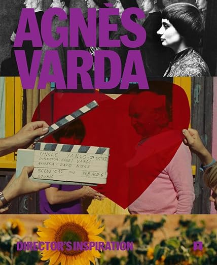 Colorful book cover with a collage of several photographs. In big purple letter, the text reads: "Agnes Varda."