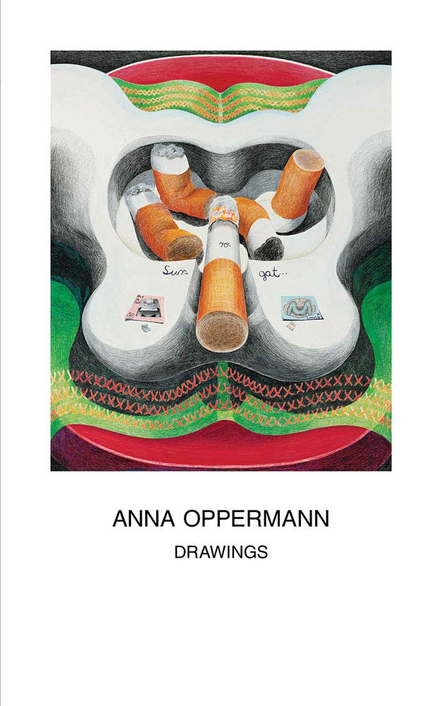 A white book with a famous drawing on the cover. The drawing "With Ashtray" is featured on the upper half of the book cover. The title, "Anna Oppermann Drawings" is written in black text below the image. 