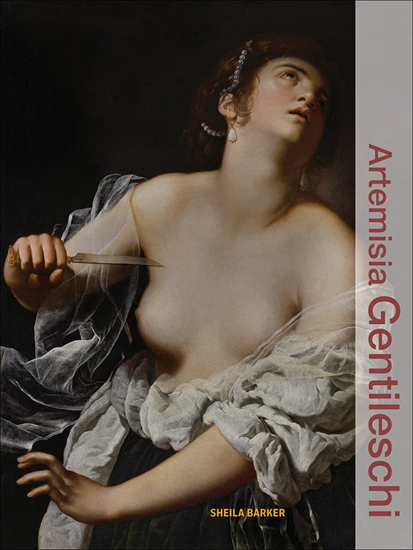 A black book with the entirety of the painting "Lucretia" by Artemisia Gentileschi on the cover. On the right before a column of white are the words "Artemisia Gentileschi" in red. 