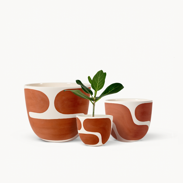 Three hand-painted vessels in white with abstract patterns in terracotta painted on them. A plant is standing in one of the vessels.