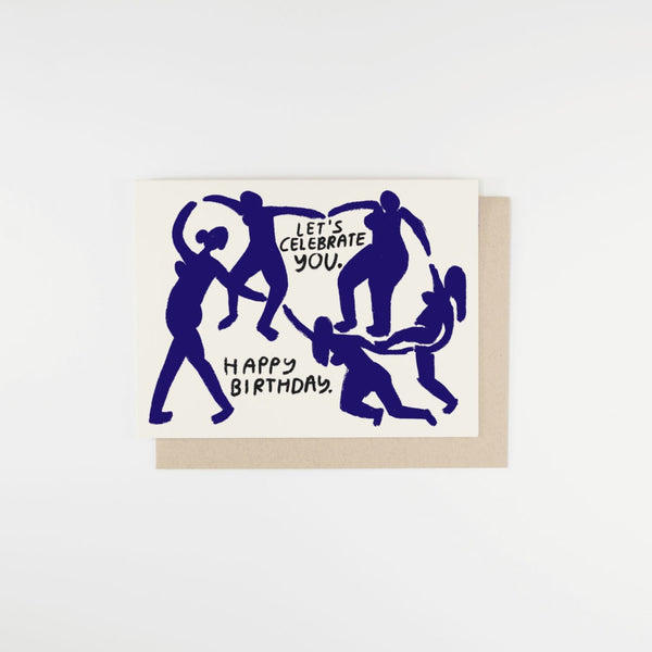 A white greeting card with several blue bodies dancing, holding hands. The title reads "Let's celebrate you. Happy birthday."