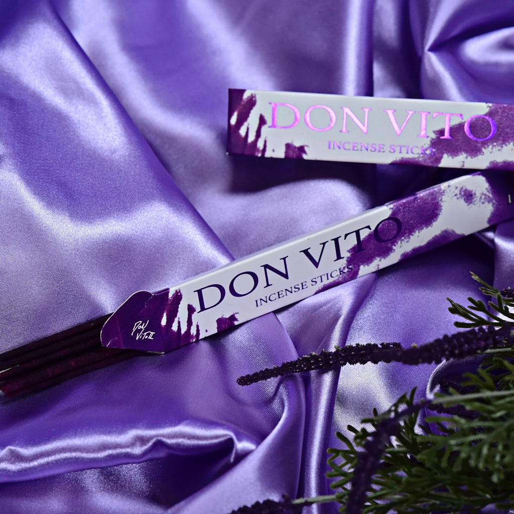 Two long boxes in white and lilac with the text "Don Vito Incense Sticks."