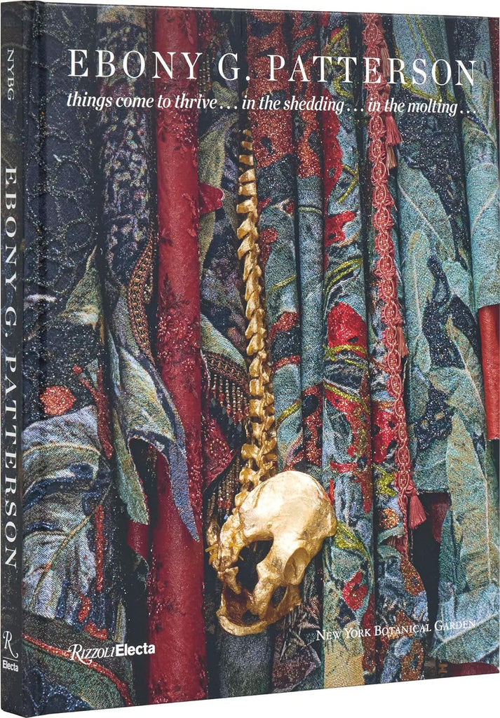 Colorful book cover featuring a close-up photograph of  different fabrics. The title reads "Ebony G. Patterson."