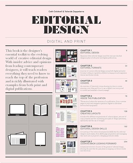 Pink book cover with text and images and an overview of chapters. The title reads "Editorial Design: Digital and Print."