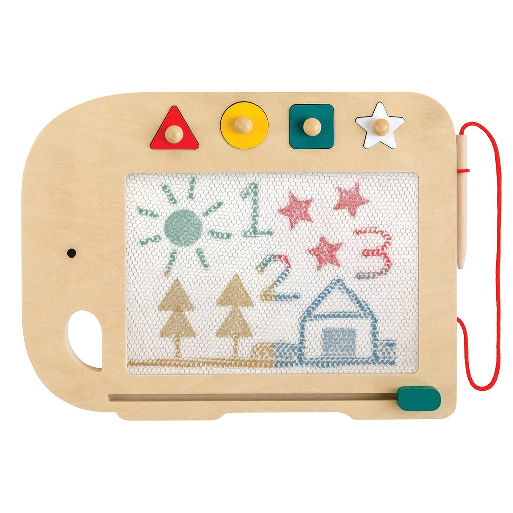 A magic sketching board in wood with colorful buttons.