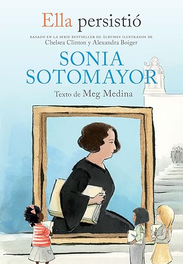 Blue book cover with an illustration of kids in a museum looking at a portrait. The title redas "Ella Persistio: Sonia Sotomayor."