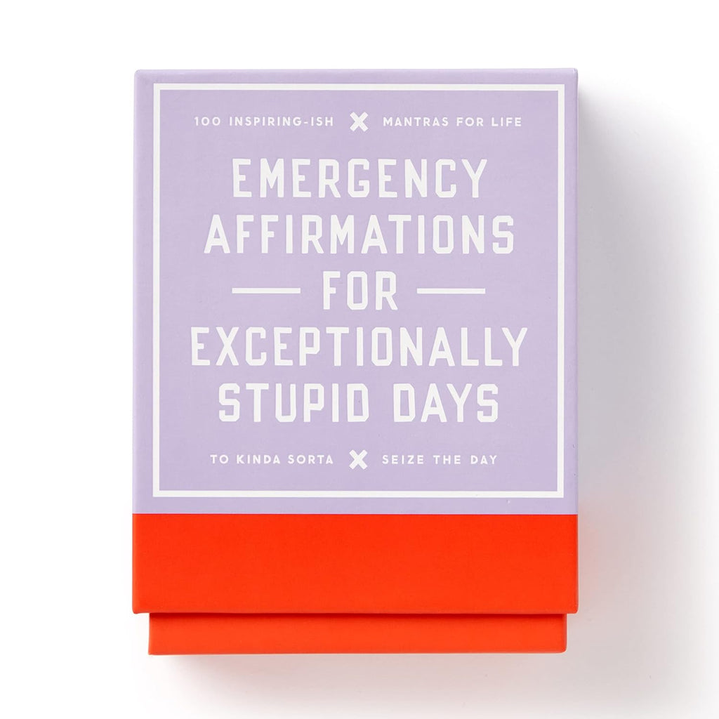 Red and lilac book cover with white text. The title reads "Emergency Affirmations for Exceptionally Stupid Days."