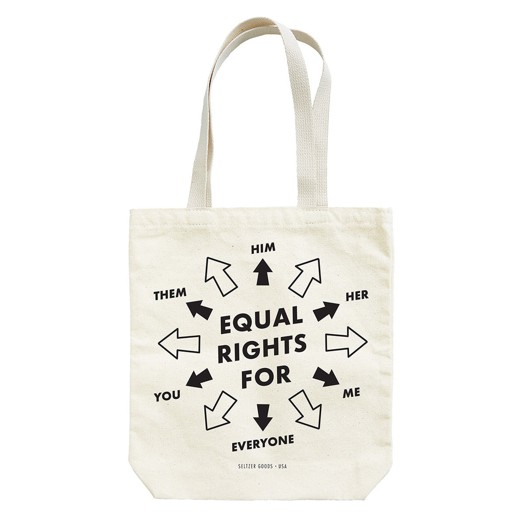 Tote bag with text in black and many black arrows pointing outside. The text reads "Equal rights for..."