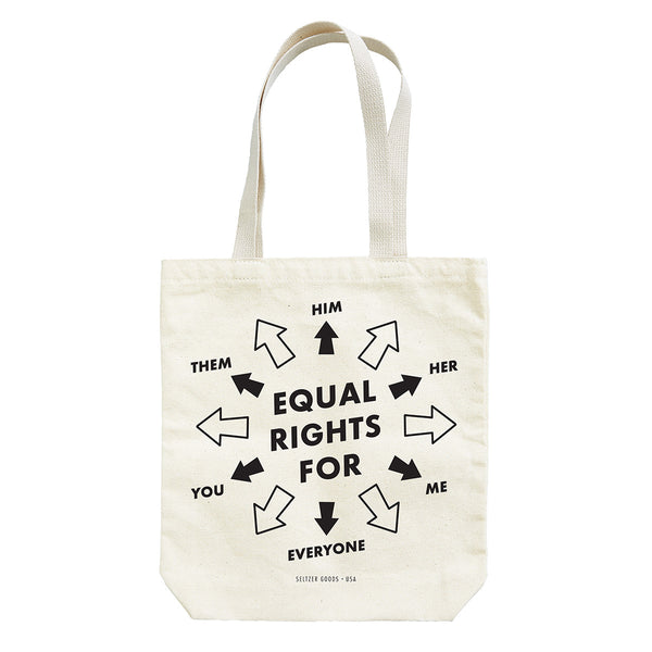 Tote bag with text in black and many black arrows pointing outside. The text reads "Equal rights for..."