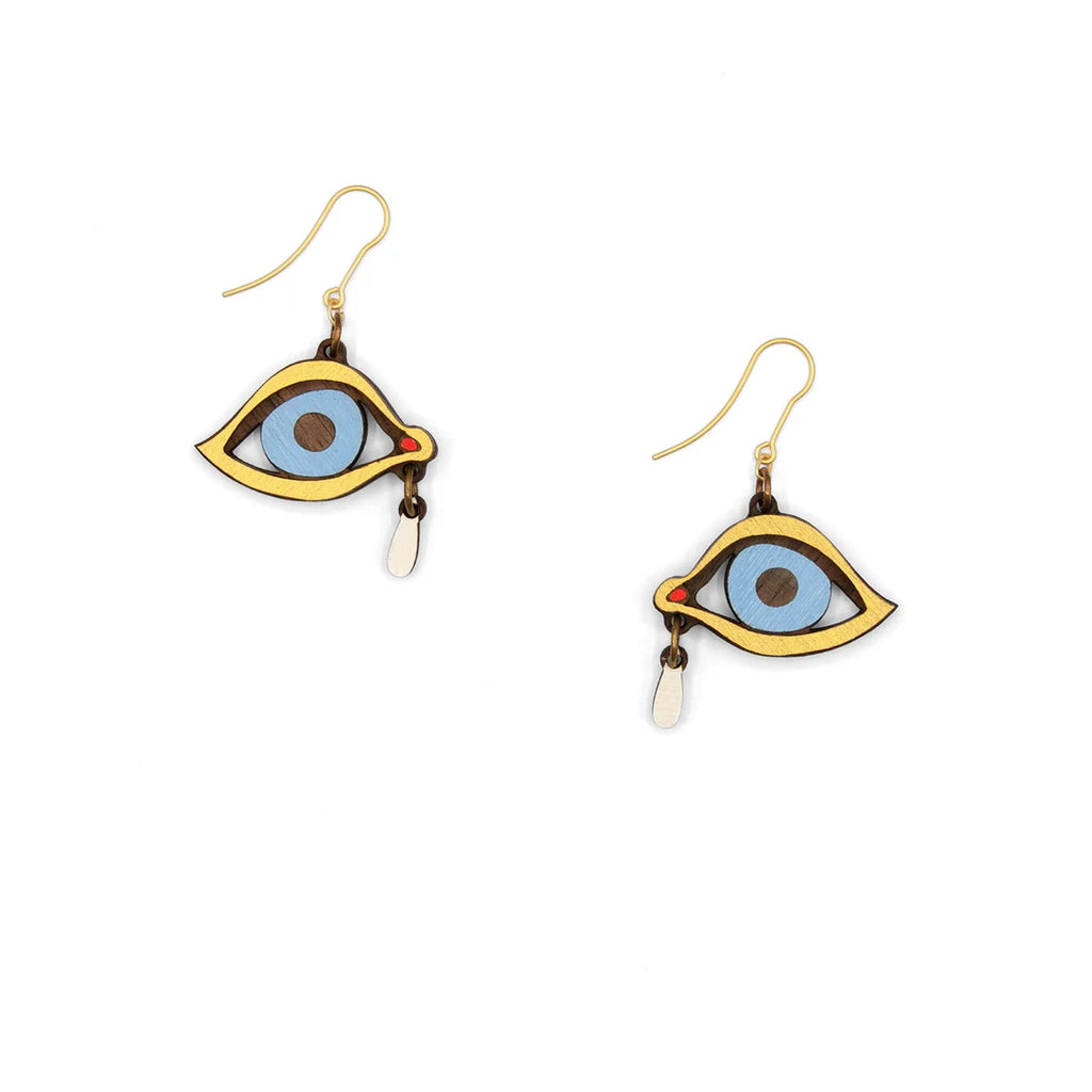 Golden earrings with an eye pendant and a tear drop.