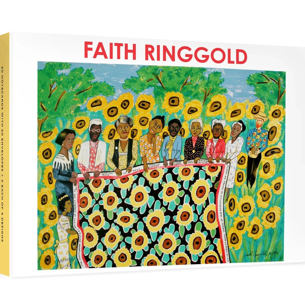 A white box of notecards. "Faith Ringgold" is written in red letters on the top and an artwork by Faith Ringgold is featured on the cover." 