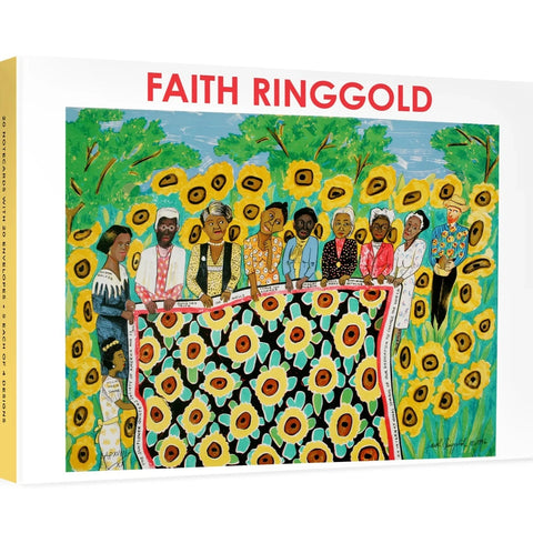 A white box of notecards. "Faith Ringgold" is written in red letters on the top and an artwork by Faith Ringgold is featured on the cover." 
