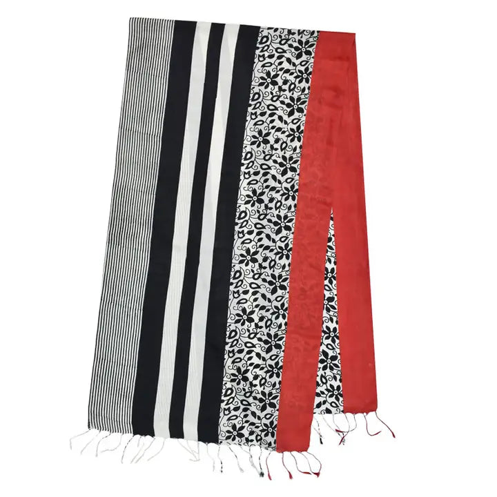 Scarf | Organic Mulberry Silk, Floral Stripe Block -  Black/Red