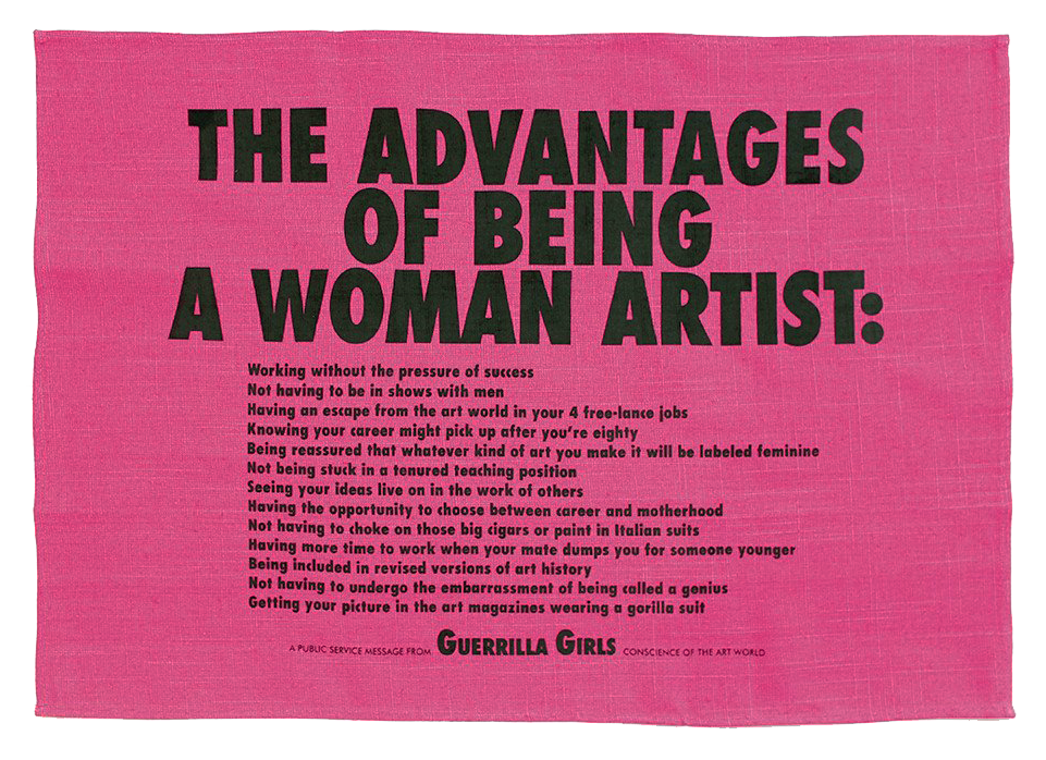 A pink tea towel with text that reads: "The Advantages of Being a Woman Artist." There is more detailed text underneath. 