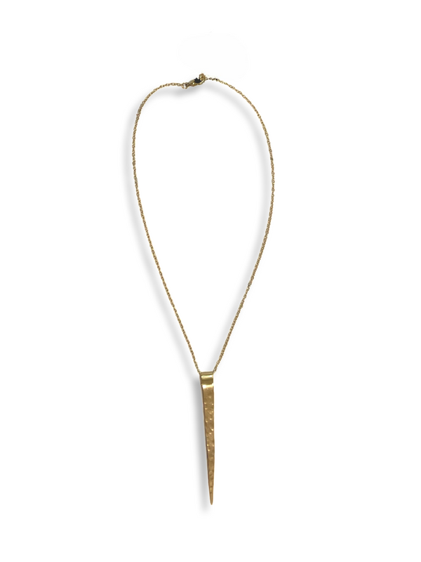 A golden necklace made from brass with a spike pendant.