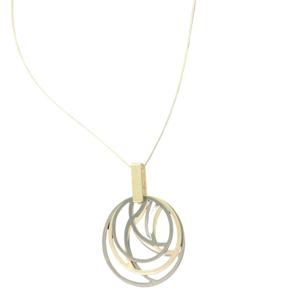 A white background with a necklace before it. The necklace features silver and gold circles attached to a chain. 