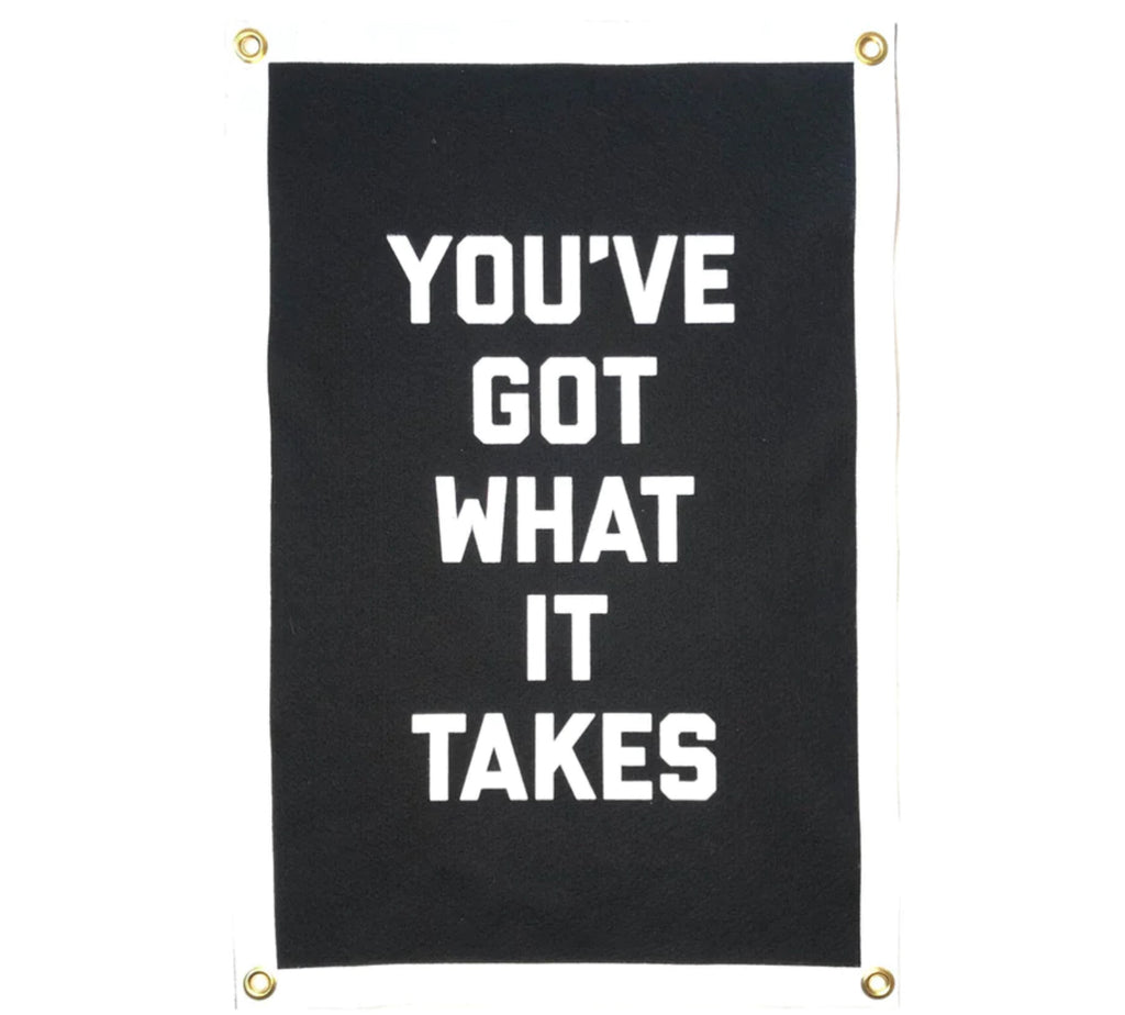 A white background with a banner in front of it. The banner has a white border around it. Inside of the white border is a black background with the words "You've Got What It Takes" in white font. 