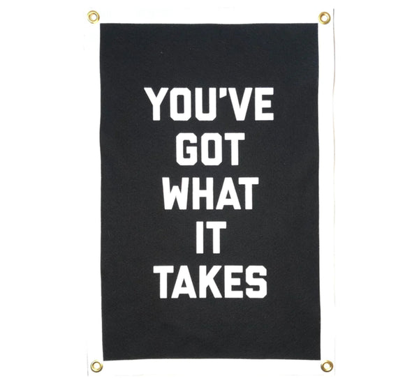 A white background with a banner in front of it. The banner has a white border around it. Inside of the white border is a black background with the words "You've Got What It Takes" in white font. 