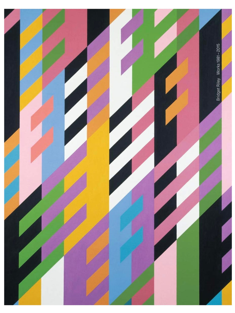 Colorful book cover with an abstract pattern repeating itself in black, white, pink, yellow, and green. The title reads "Bridget Riley: Works, 1981-2015."