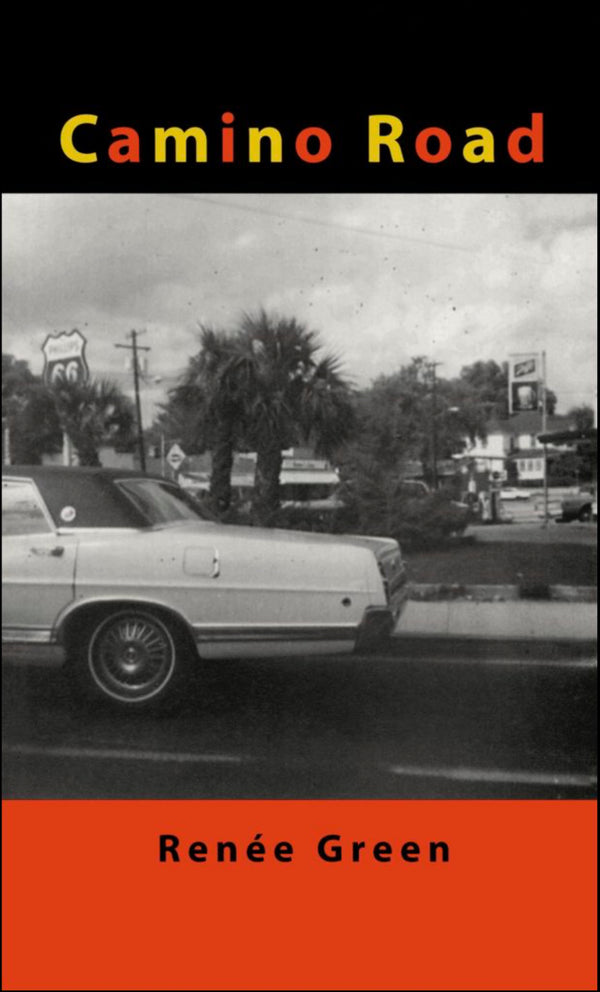 A book cover with a black-and-white photograph of a back of a car and text in red and yellow, reading "Camino Road."