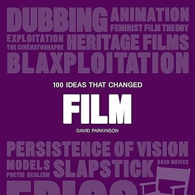 A Book with a purple cover. Titled “100 Ideas That Changed Film" in white font. The background features a collage of words relating to film in a shade of light purple. 