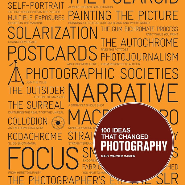 Book with orange cover. There is a red circle in the bottom right corner that reads: "100 Ideas That Changed Photography." There is a collage of text in the background with various words that relate to photography. 