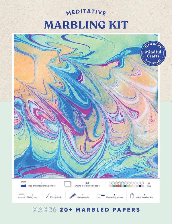 A box with a gradient of beige to sky blue. There is an image on the box of a marbled liquid. The colors of the marbling include blue, orange, and magenta. Above the image is the title of the craft, "Meditative Marbling Kit", in blue letters. Below the image are the words "Makes Twenty Plus Marbled Papers."