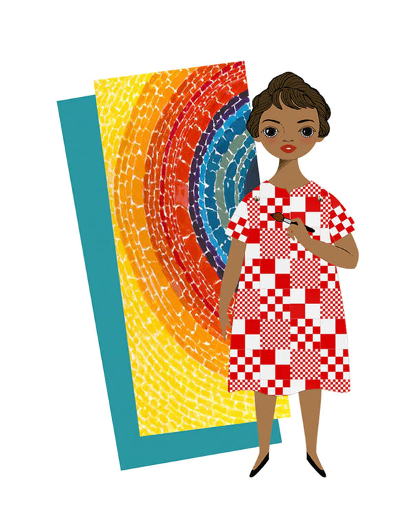A paper doll next to a colorful greeting card. She has a dark skin tone, short hair, and is wearing a red and white dress and is holding a paintbrush.