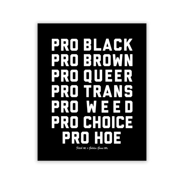 A white background with a black print before it. The print has the words "Pro Black, Pro Brown, Pro Queer, Pro Trans, Pro Weed, Pro Choice, Pro Hoe" written in white letters. 