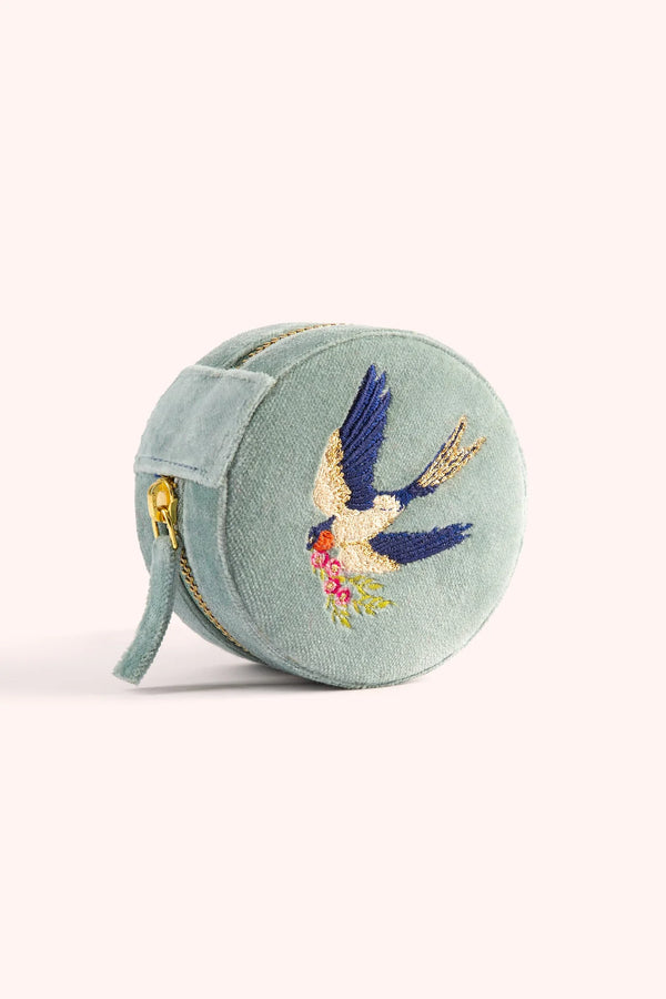 Round Velvet Jewelry Box - Swooping Swallows