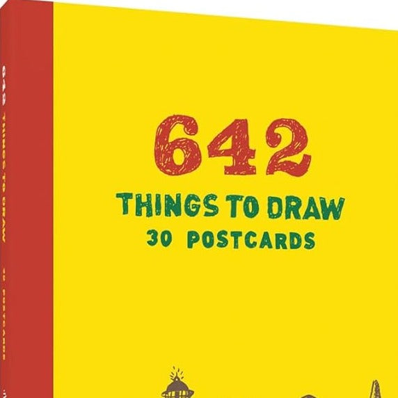 A yellow book cover with illustrations including a skateboard and a pair of pants. The title reads: "642 Things to Draw."