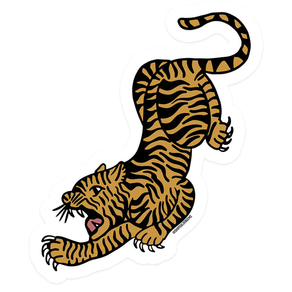 A white background with a sticker before it. The sticker is a tiger in a bowing position with its mouth open to show its teeth.