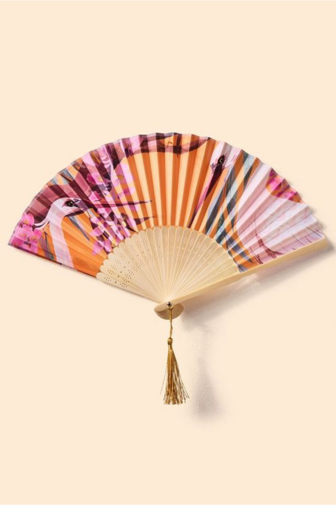 Satin Fan | Oriental Crane - Ochre