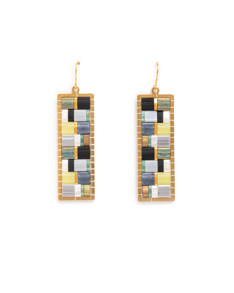 Earrings | Beaded Handwoven Mosaic Tila and Brass - (Green/Grey)