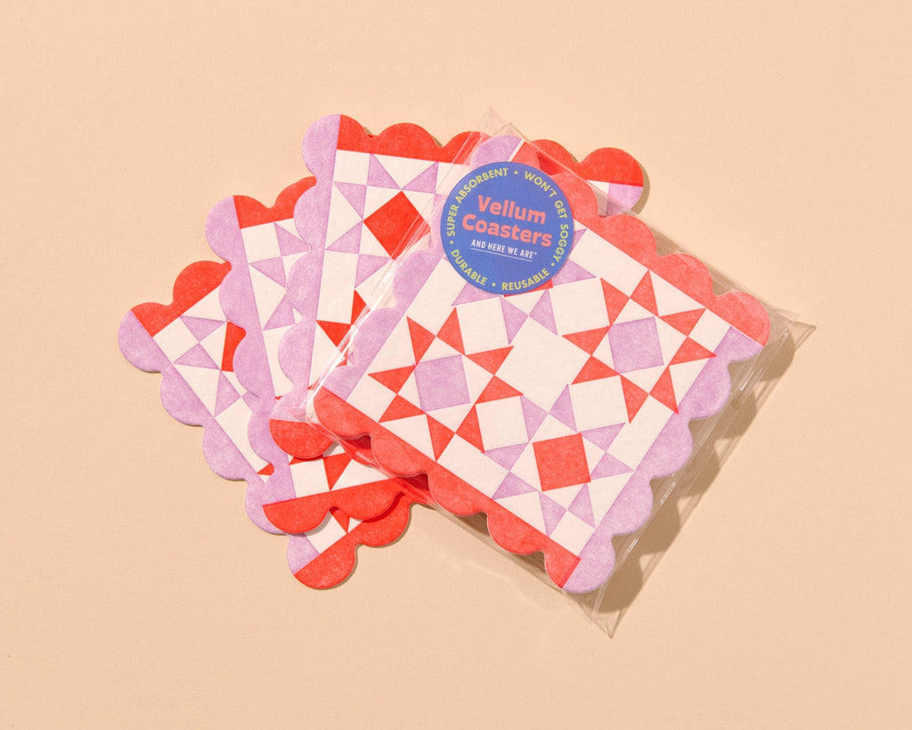 Letterpress Reusable Vellum Coasters—Mod Quilt: Red/Pink