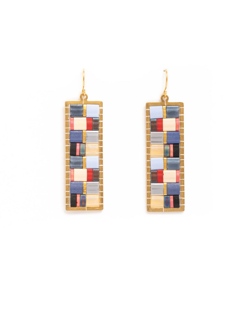 Earrings | Beaded Handwoven Mosaic Tila and Brass(Blue/Red)
