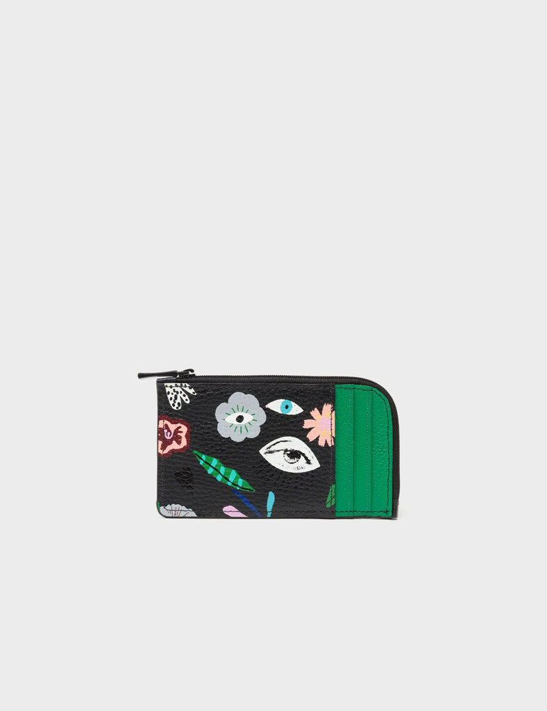 Fausto Black Leather Zip-around Cardholder - Floralia Print