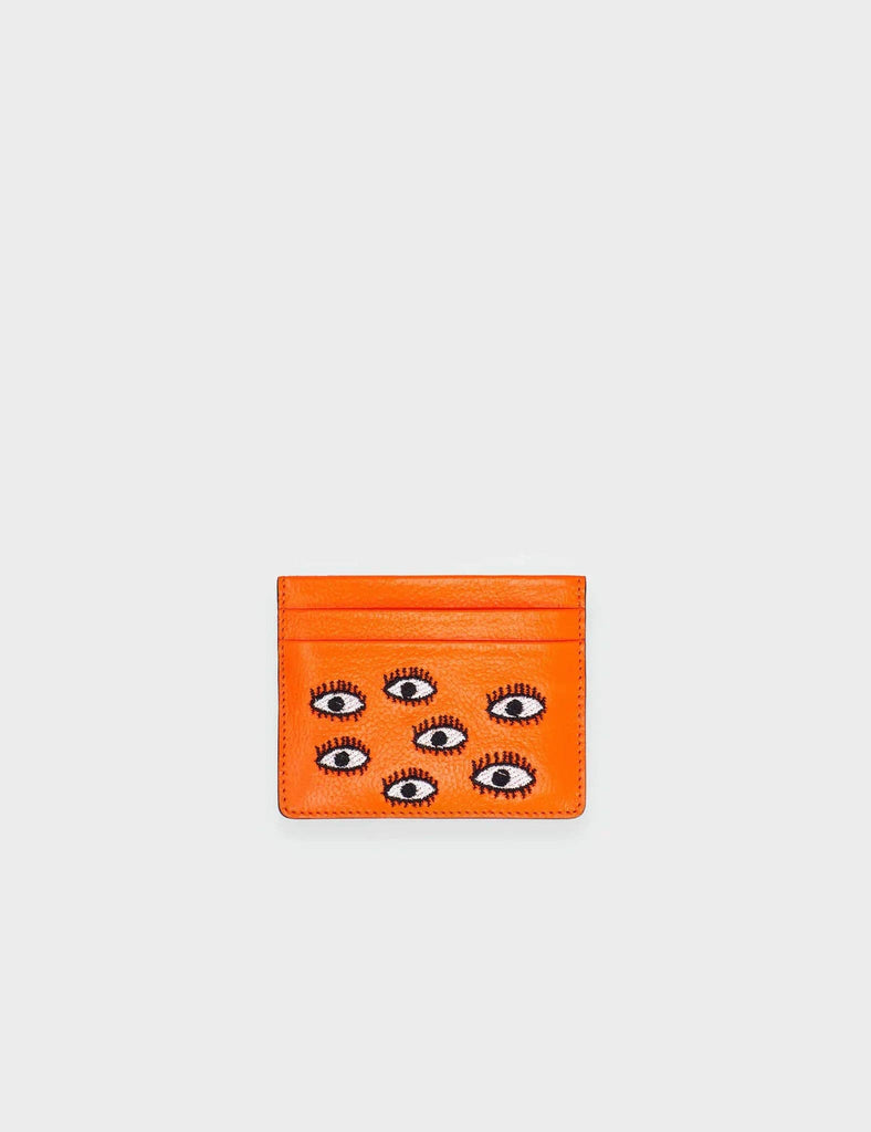 Leather Cardholder | All Over Eyes Embroidery, Filium Neon Orange